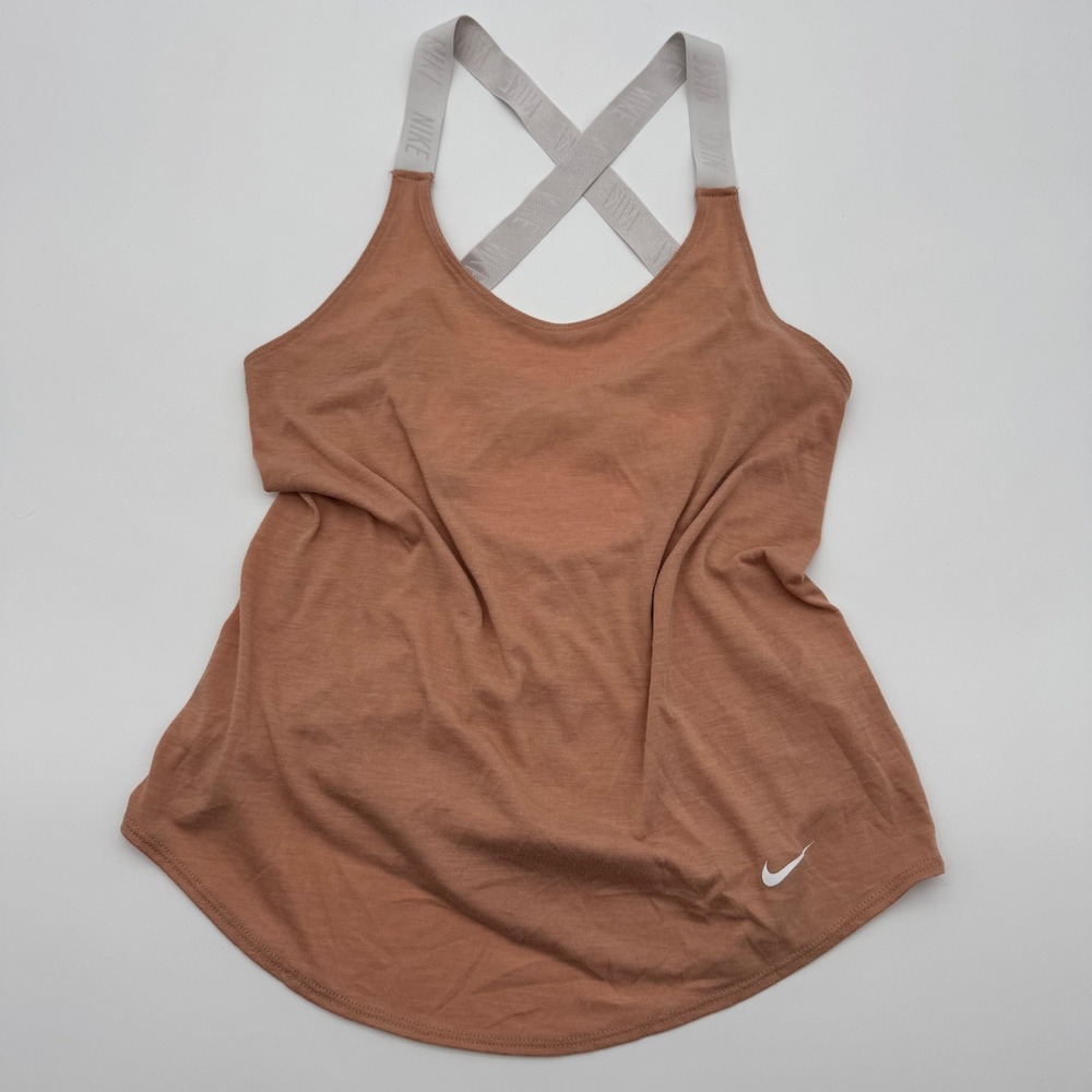 Nike Dri-FIT Womens Training Tank Top Crossback Logo Straps Tan Salmon Small